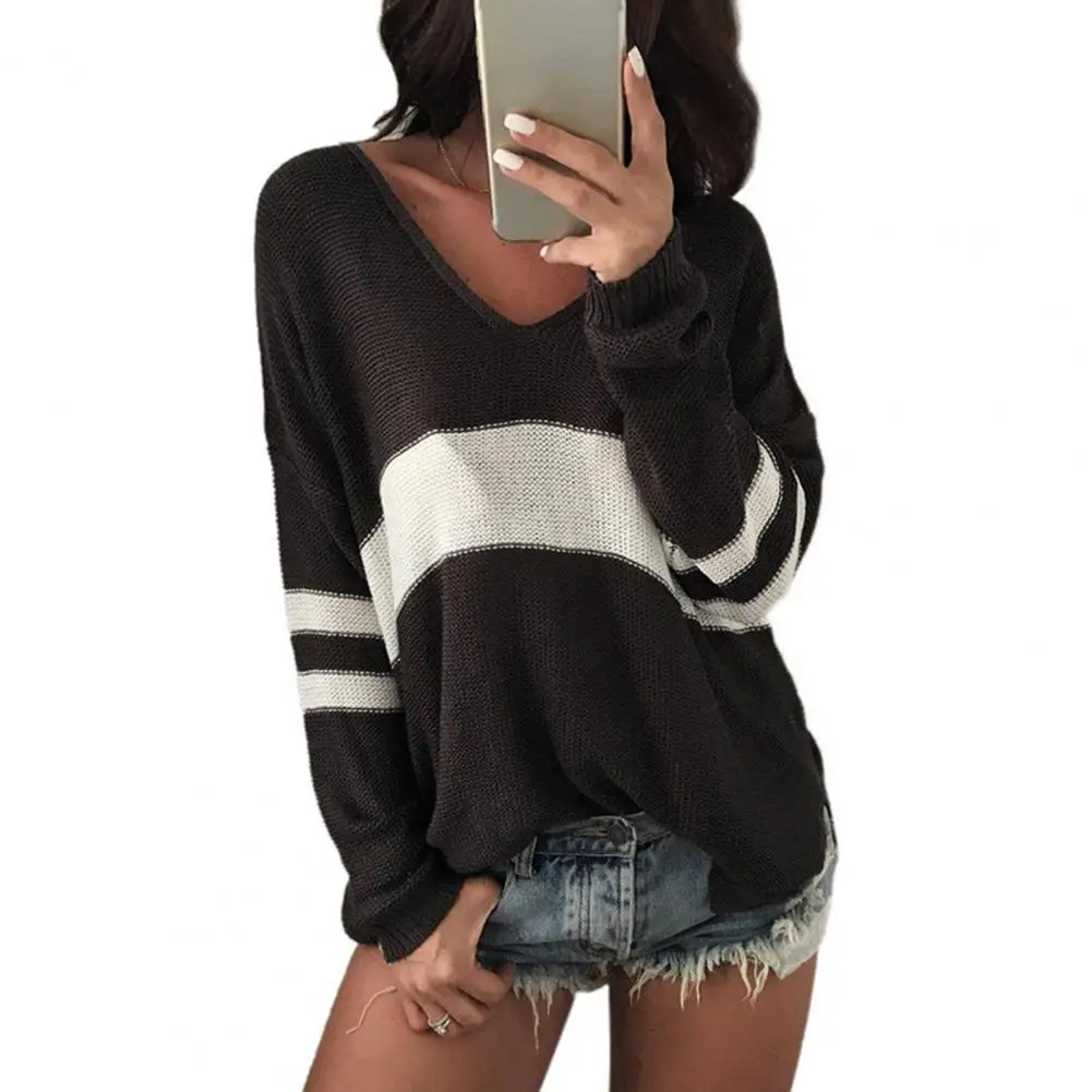 

Women Knitted Sweater V Neck Long Sleeve Loose Knitwear Streetwear Casual Striped Patchwork Sweater for women свитер женский