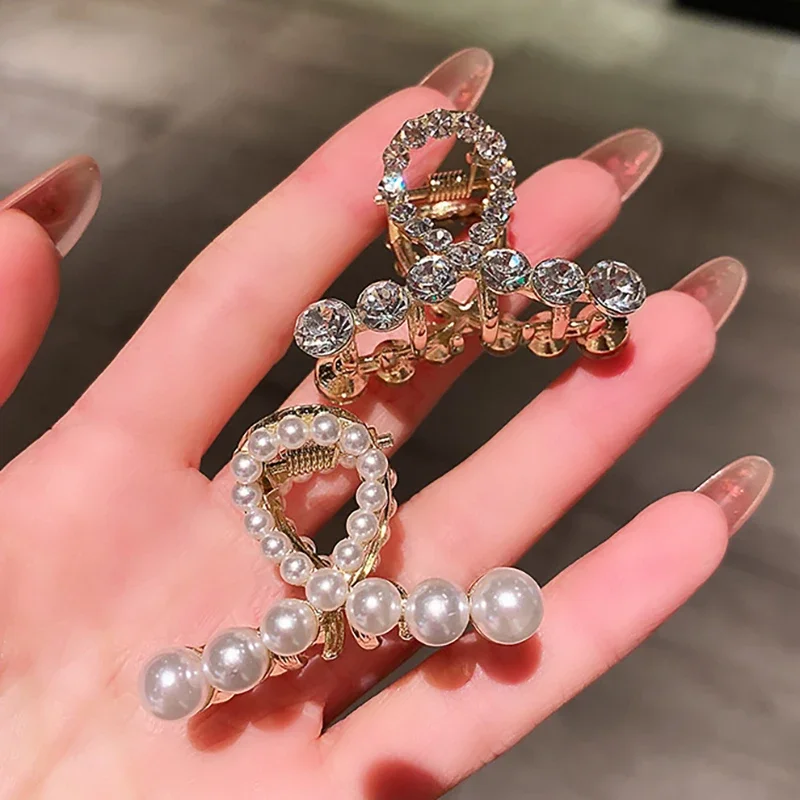 High-End-Perlen-Strass-Kleine Haarspange, Sommer, einfacher Metall-Seitenclip, Damen-Rückseite des Kopfes, halbgebundene Kreuz-Haarklammer, elegant – Detail 3