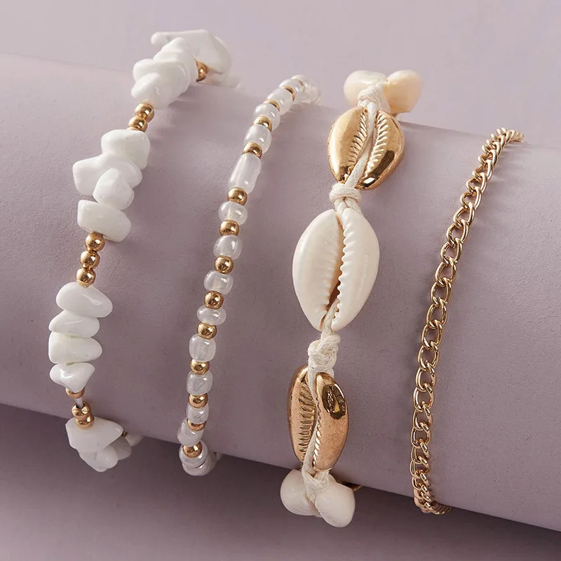 Anklet Bracelet Set Women Boho Shell Charm Crushed Stone Chain silver anklet bracelet ankle chains beads anklet fashion accessories For Women