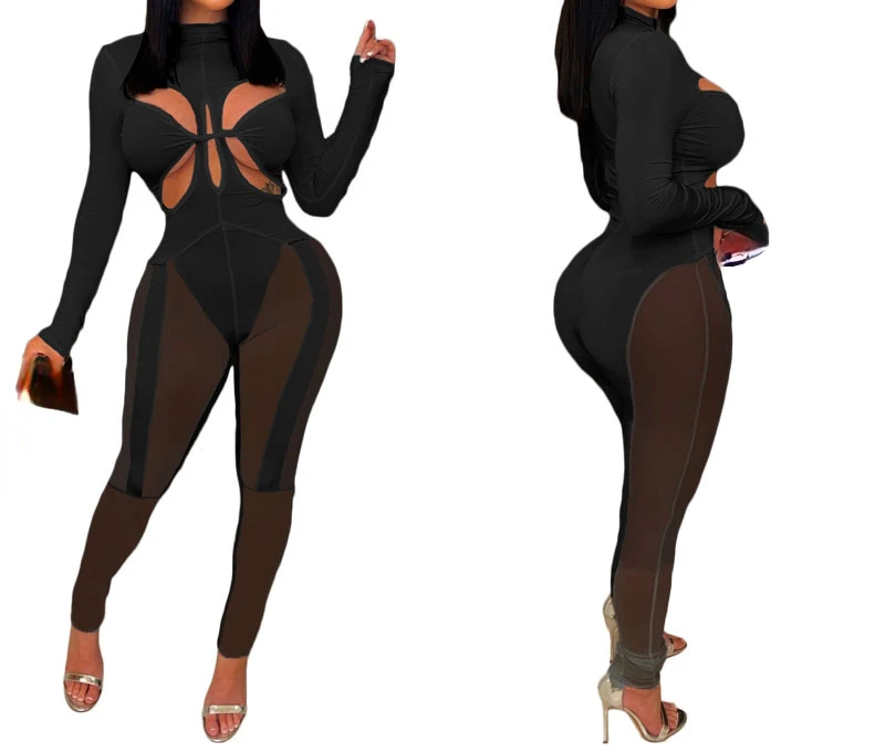 Women's Summer New Mesh Stitching Sexy Wispy Empty Jumpsuit Fashion Casual Party Sexy Jumpsuits Female and Lady Romper