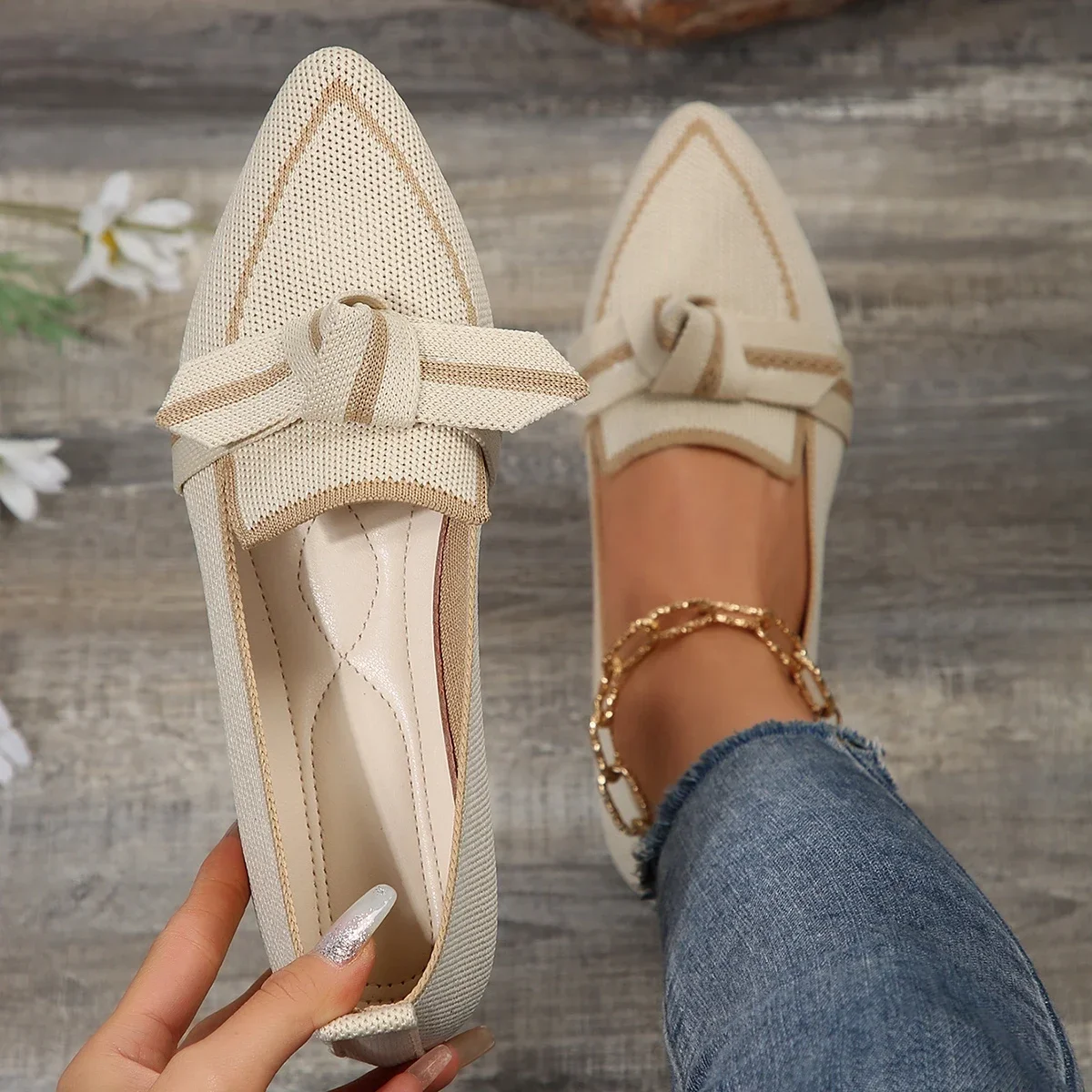 Women Shoes Flats Sneakers Knitted Slip Breathable Comfortable Solid Color Casual Pointed Toe Walking Loafers