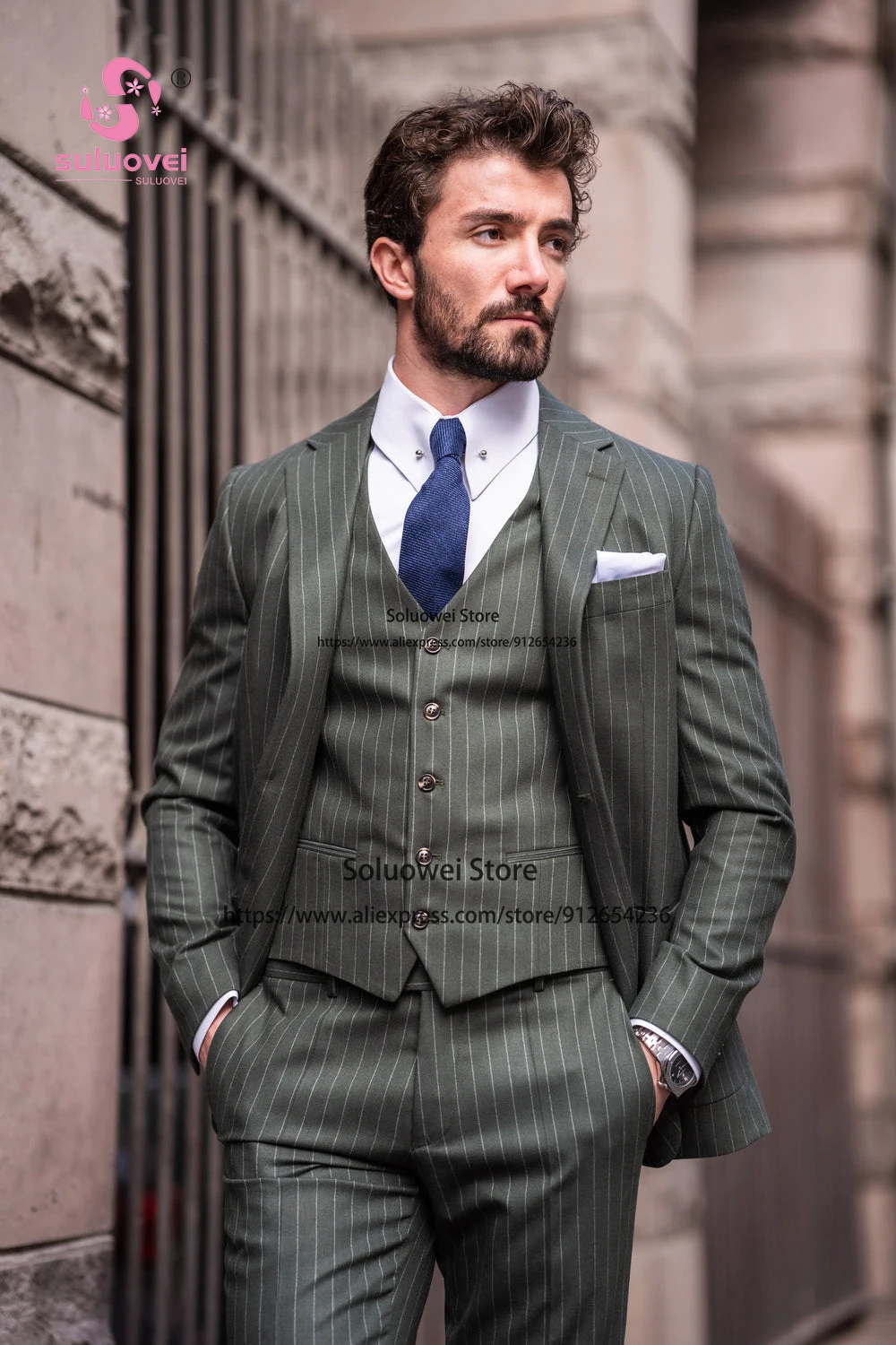 Fashion Green Striped Suits For Men Slim Fit Bsuiness 3 Piece Pants Set Groom Wedding Party Prom Tuxedo Terno Masculino Completo