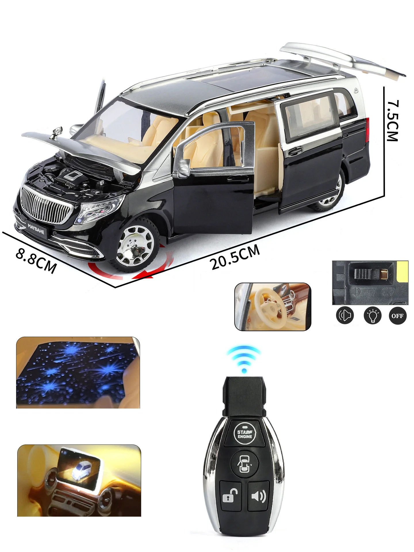 Maybach VITO VS680 MPV Modellauto im Maßstab 1:24 mit Schlüsselsteuerung, Luxus-Legierung, Druckguss-Metallfahrzeug, Simulationsmodell mit Sound und Licht, Geschenk für Kinder – Detail 2