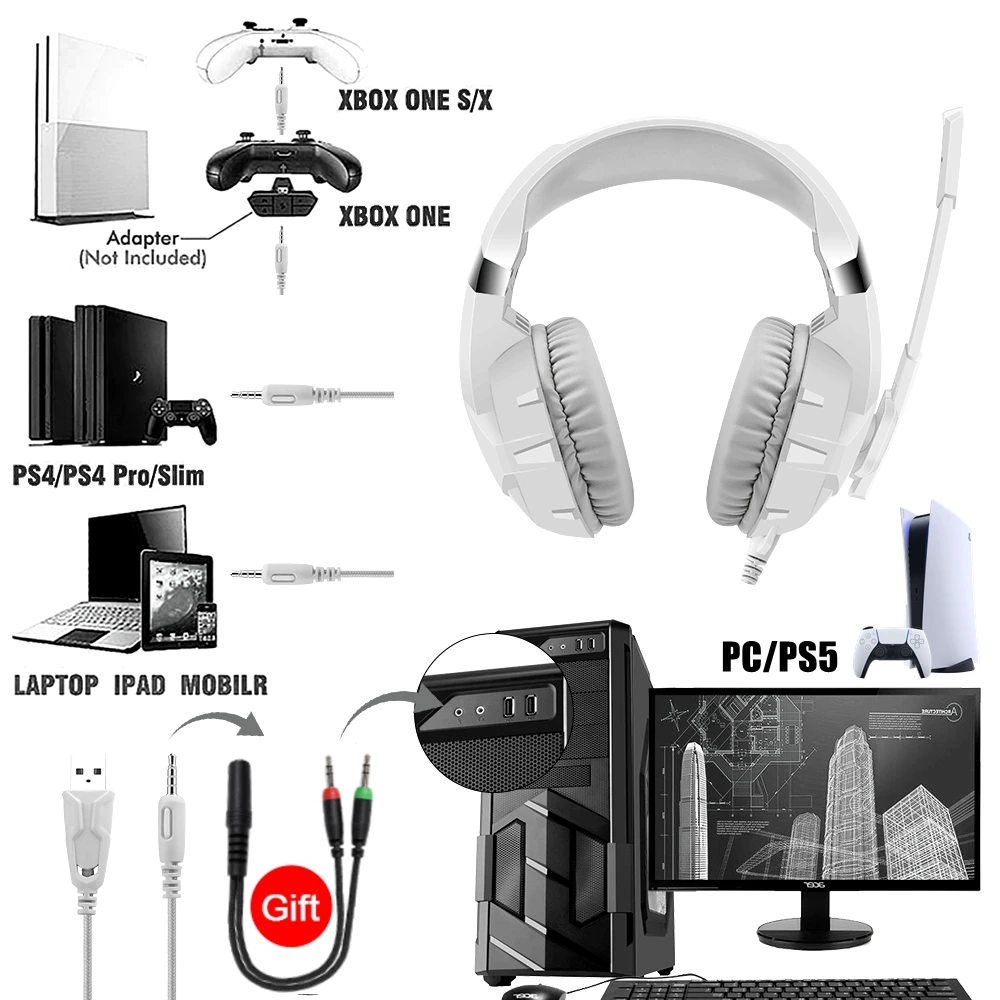 Drátová stereo herní sluchátka s mikrofon LED světel over-ear noise-cancelling hráč náhlavní pro PS4 maca notebook PC počítač