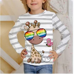Long Sleeve Tshirt For Girls Teens Free Shipping Giraffe With Sunglasses Funny Print Autumn 2023 Fashion Kids Clothing 18 Styles