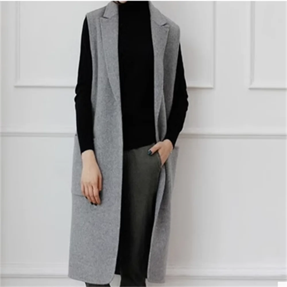 

Spring and Autumn New suit collar sleeveless vest wool long women's woolen jacket abrigos mujer invierno trench coat feminino