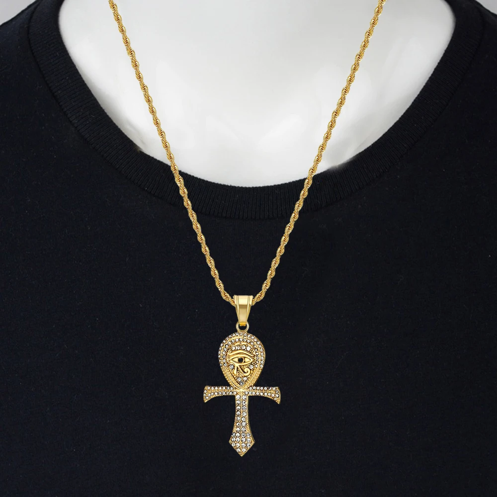 Occhio egiziano di Horus Ankh Croce Collane con ciondolo con catena in corda Colore oro Acciaio inossidabile Donna Uomo Egto Gioielli regalo  36