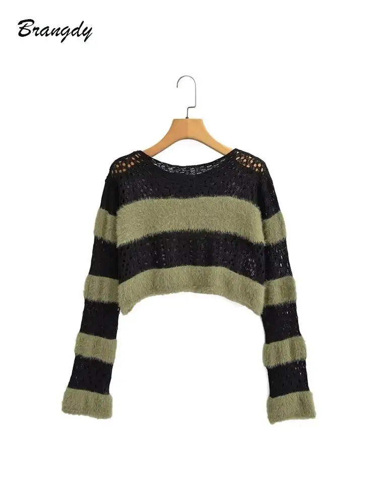 

Traf Cropped Sweaters For Women 2023 Autumn O-neck Long Sleeve Striped Knit Pullover Loose Hollow Out Simple Lady Short Tops