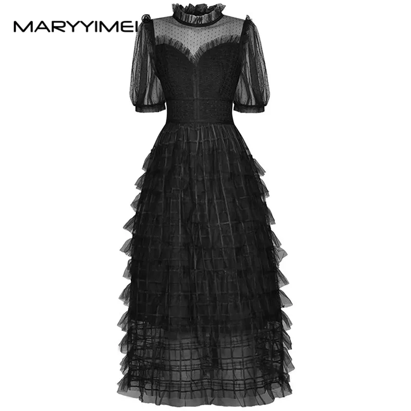 

MARYYIMEI Fashion Women's New Stand-Up Collar Short-Sleeved Mesh See-Through Tiered Flounced Edge Vintage Ball Gown MIDI Dress