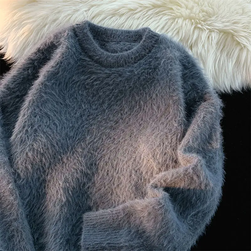 Japanese Mink Velvet Round Neck Sweater Boys' Winter Loose Versatile Solid Color Sweater Chao Brand Retro Lazy Top Anime Sweater