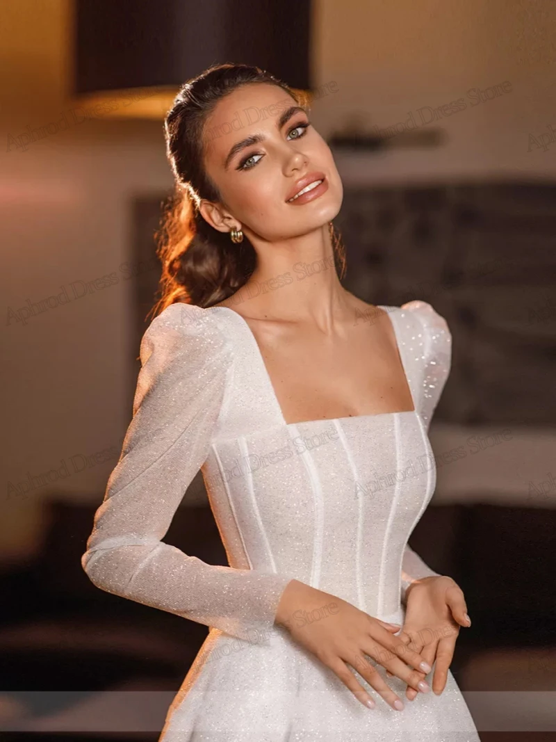 Glitter Wedding Dresses A-Line Bridal Gowns Full Sleeves Robes For Formal Party Square Collar Vestidos De Novia Customized 2025 3
