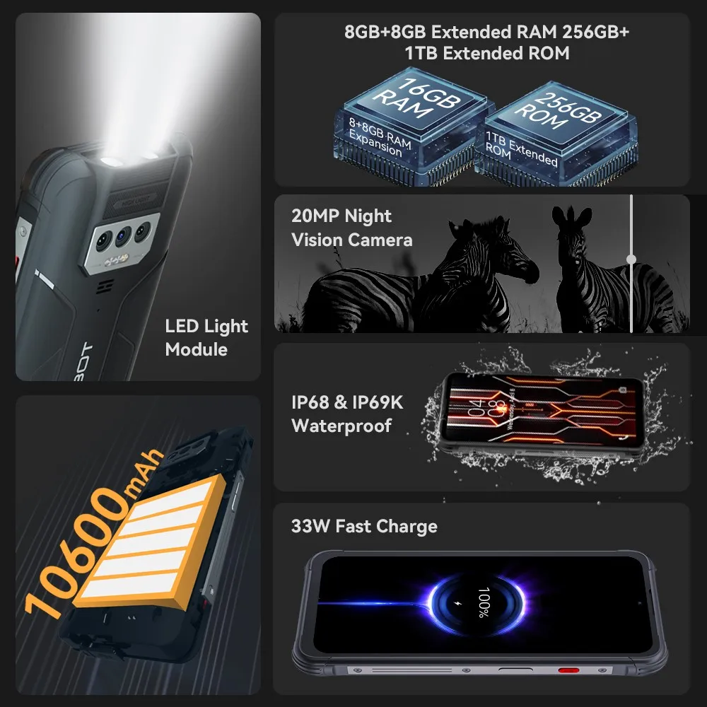 Cubot KingKong Power Rugged Waterproof Smartphones 8GB+256GB 6.5Inch FHD 10600mAh Large Battery 48MP AI Camera NFC Mobile Phones