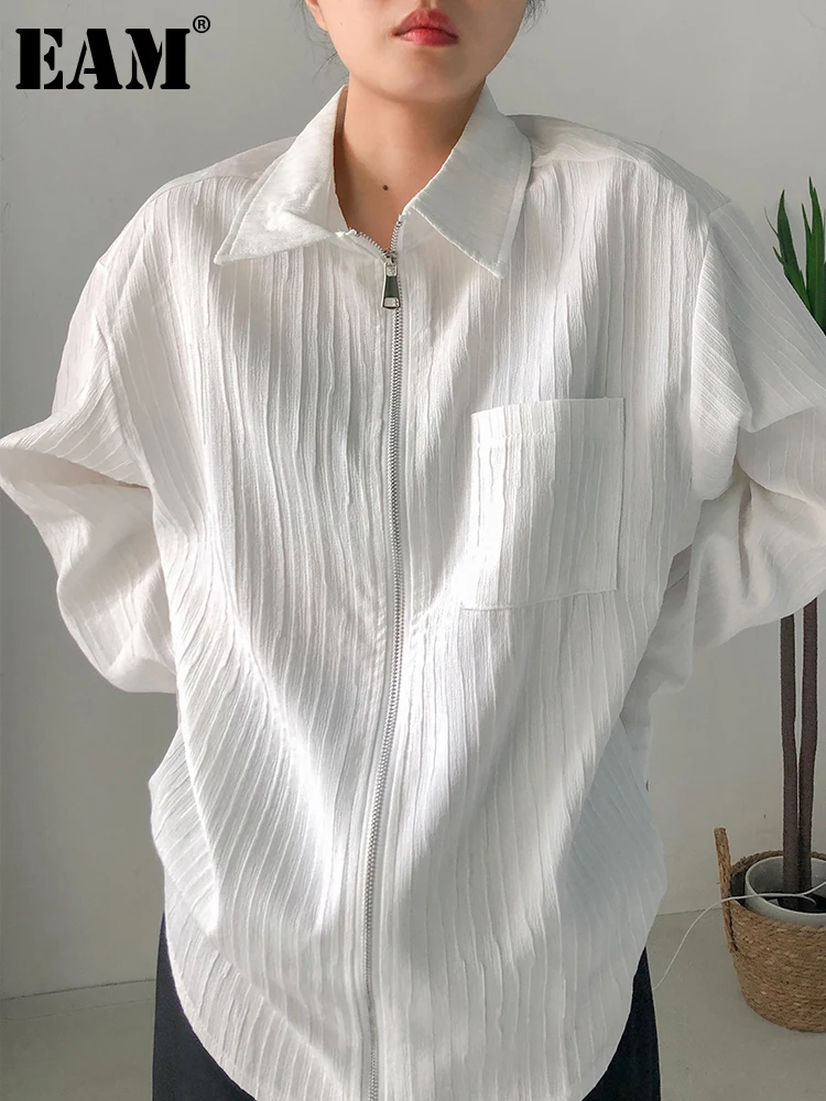 

[EAM] Women White Striped Big Size Casual Blouse New Lapel Long Sleeve Loose Fit Shirt Fashion Tide Spring Autumn 2024 1DF0354