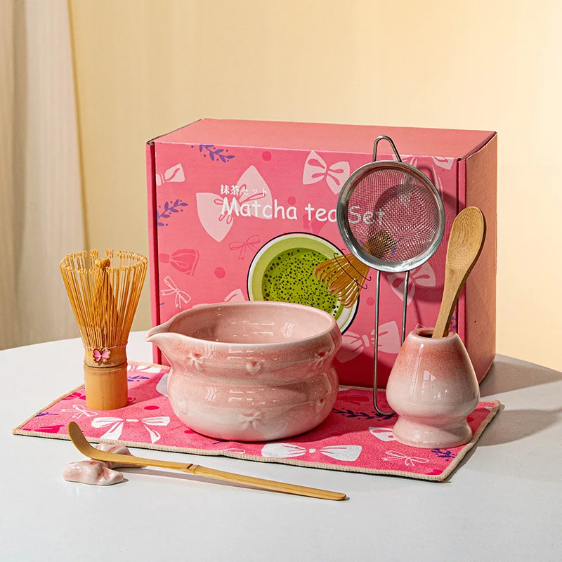 5/8-teiliges Set für ein Zeremonien-Teeservice, bestehend aus Schneebesen, Keramikschale, Matcha-Löffel und -Sieb._voghion.com