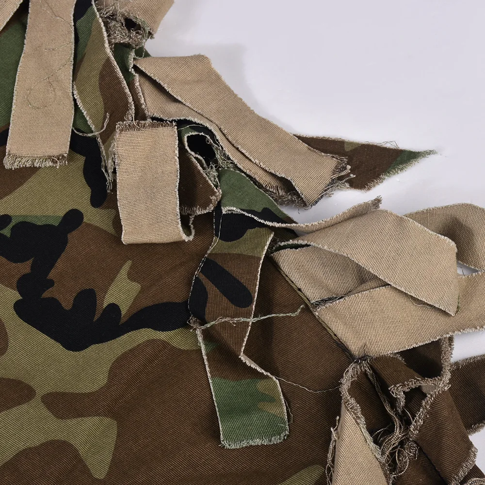 Tassel-Decorated High-Waisted Green Camo Cargo Pants 10