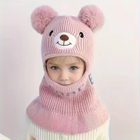 Kids' Mask & Neck Warmer Hat with Bear Ears & Pom-Pom - Stretchable Winter Warm Coat Accessory for Boys & Girls, Pink/ Color,