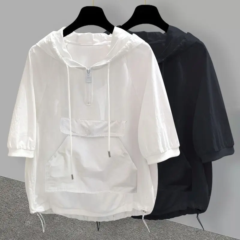 Summer Short-sleeved Sweatshirt Zipper Hoodie Men T-shirt Pocket Loose Tops Black White T-shirt Patchwork Shirts Men Clothing