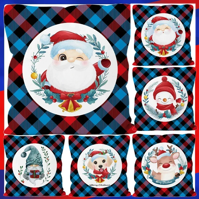 

Christmas Cushion Cover Santa Claus Snowman Elk Cartoon Pattern Plaid Pillow Cover Soft Comfortable Sofa Pillowcase Home Decor
