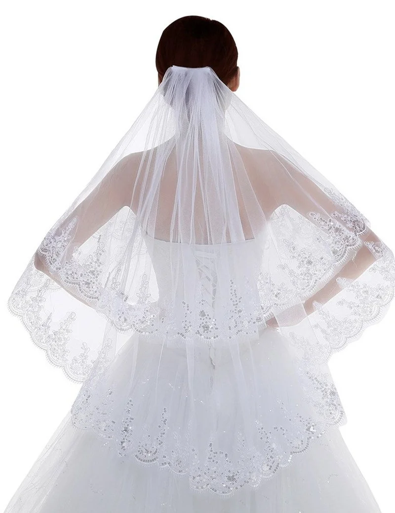

Hot Sale Velos De Novia 2 Layers Lace Silver Lined Beaded Edge Fingertip Length Bridal Sequins Wedding Veil With Comb