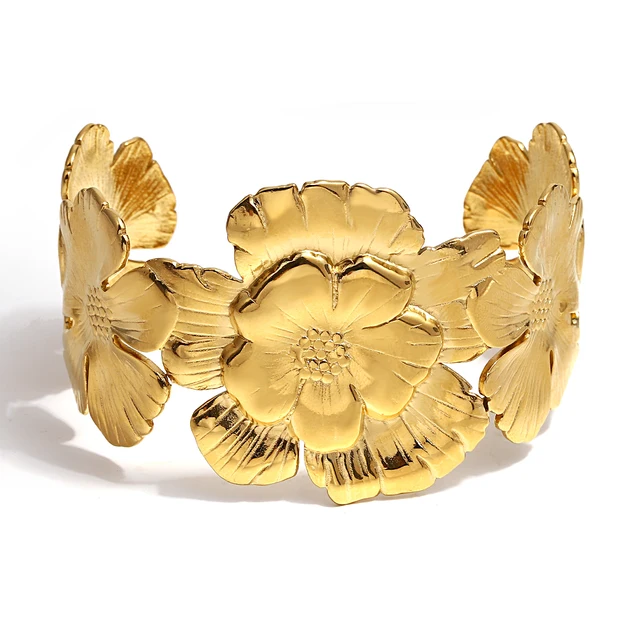 AENSOA Exaggerated Flowers Stainless Steel Charm Wide Bracelet for Women Trendy Golden Sunflower Cherry Floral Thick Cuff Bangle 5