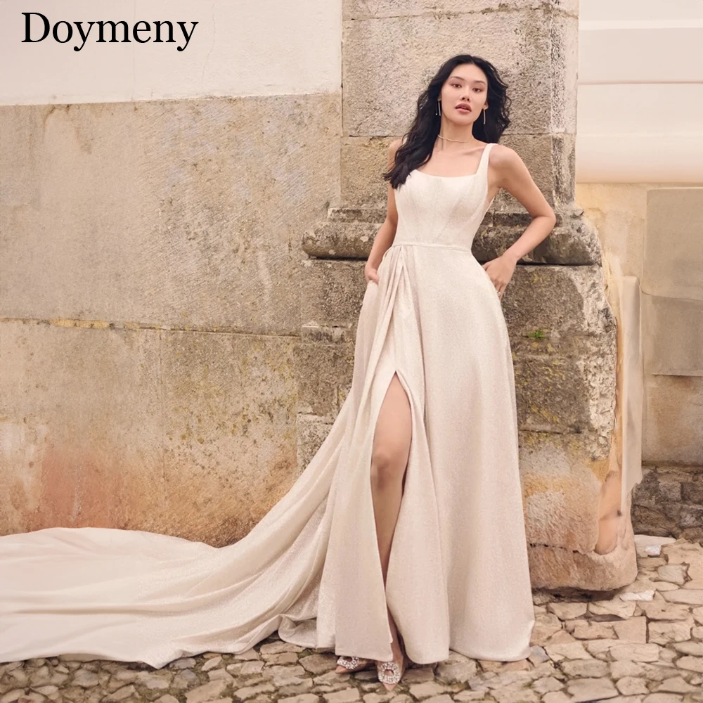 

Doymeny 2023 Wedding Dress For Women Classic A-line Square Neck Front Slit Sleeveless Court Train Satin Draped Robe De Mariee