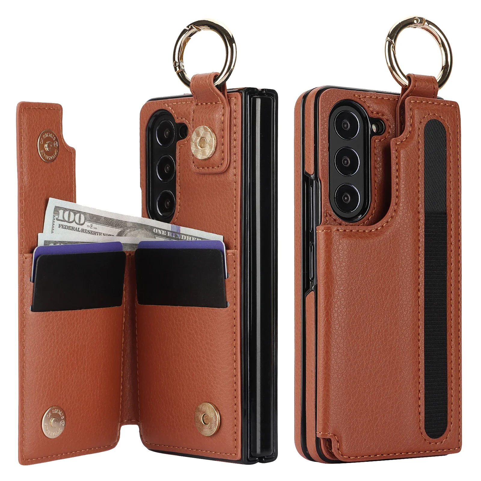 Luxurious PU Leather Ring Phone Case with Wallet & Card Slot for Foldable Phones (No Pen)
