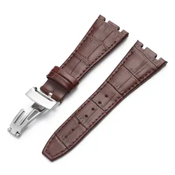 Premium Leather Watchbands - 27mm Cowhide Straps with Folding Buckle - Silver Buckle (Brown)