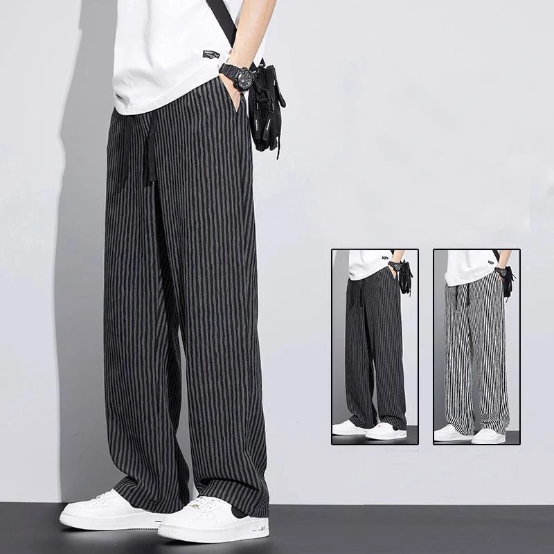 Korean Version Streetwear Fashion Men Stripe Wide Leg Pants Summer Male Harajuku Loose Casual Elastic Waist Straight Trousers
