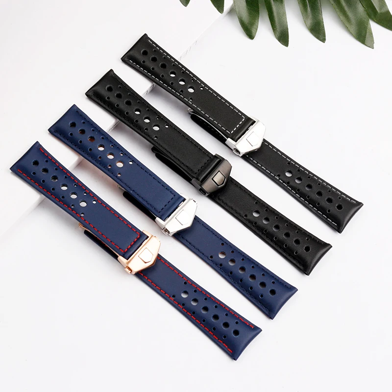 Men's Soft Genuine Cowhide Leather Watchband with Folding Buckle - 22mm, Compatible with Tag Heuer Monaco Series