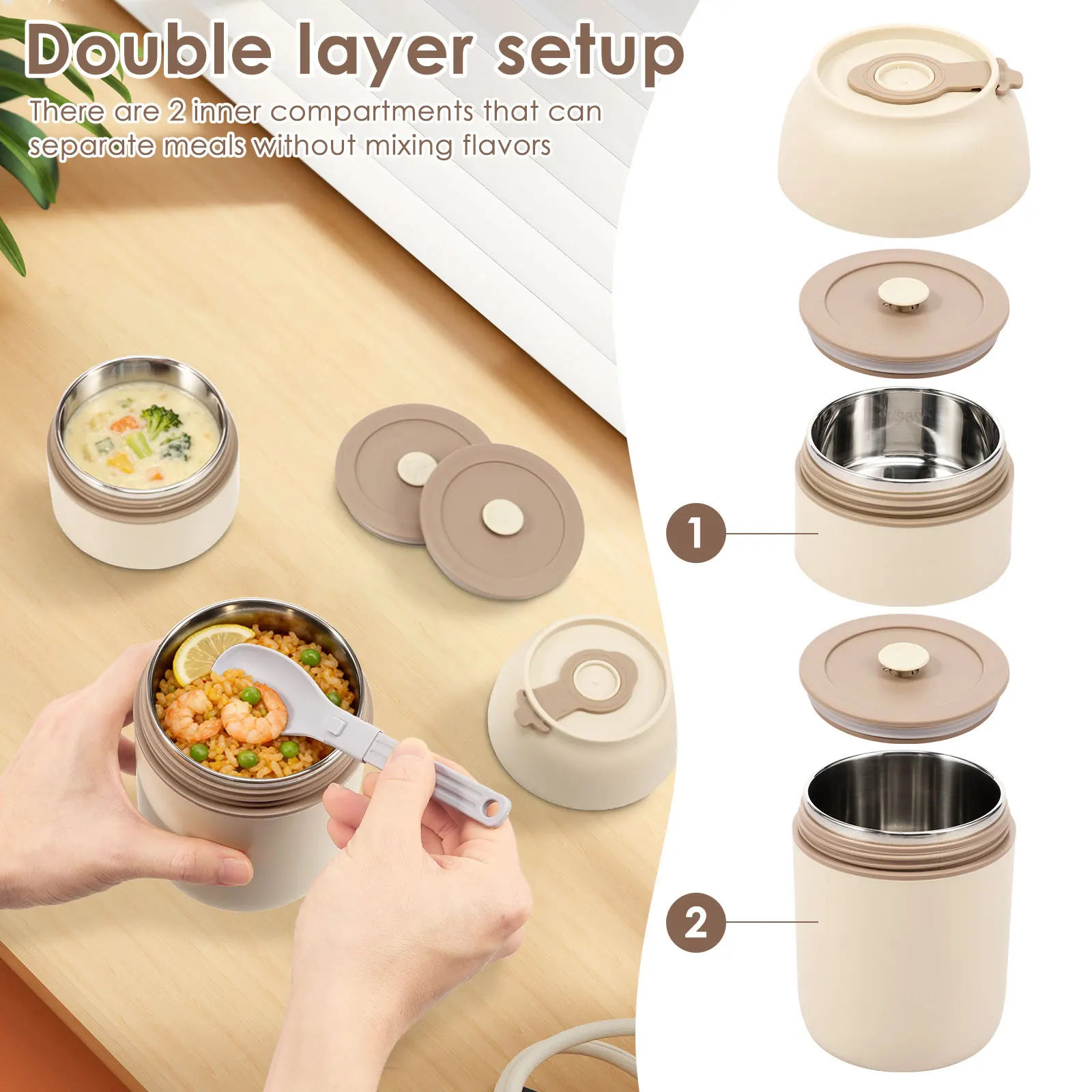 보온 도시락 용기 780ml 접이식 스테인리스 수저 세트 (어린이/성인용) 새지 않는 이중 챔버 시스템 도시락