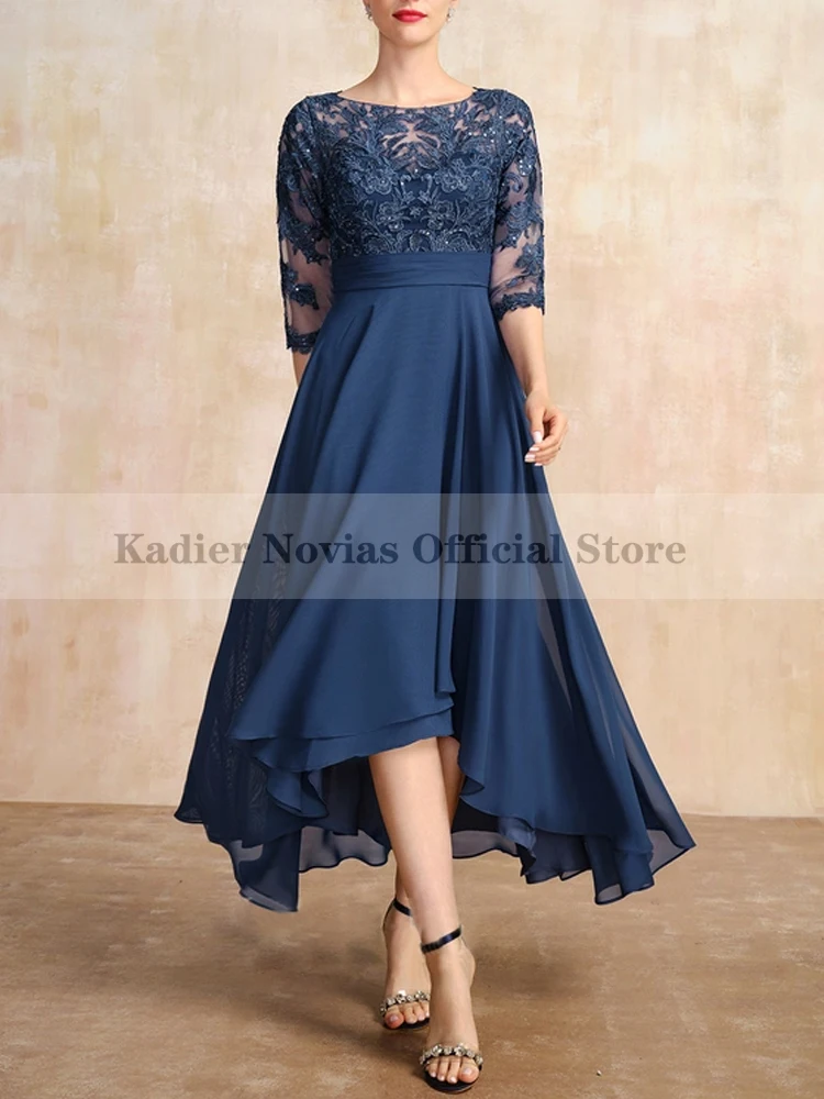 

Tea Length High Low Navy Blue Mother of the Bride Dresses for Weddings with Half Sleeves Formal Occasion Dresses