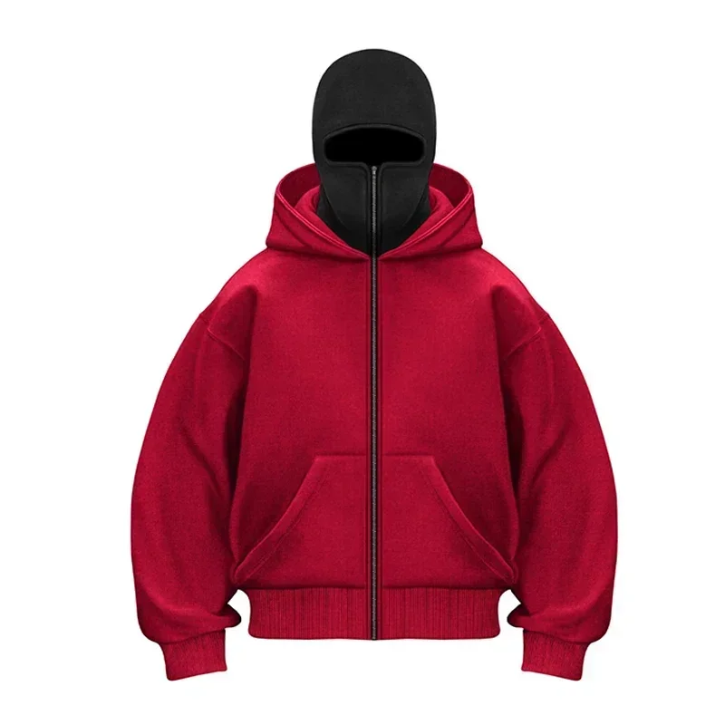 Streetwear Couple Tops Gothic Balaclava Integrated Hoodie Y2k Winter Men Soild Color Ninja Pullover Hip Hop Splicing Sweatshirt 6