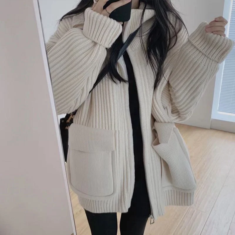 여성 하이넥 스웨터 가디건, 루즈한 단색 코트, 한국 레이지 스타일, 두꺼운 클라인 블루 니트 상의, 2023 가을 겨울 신상