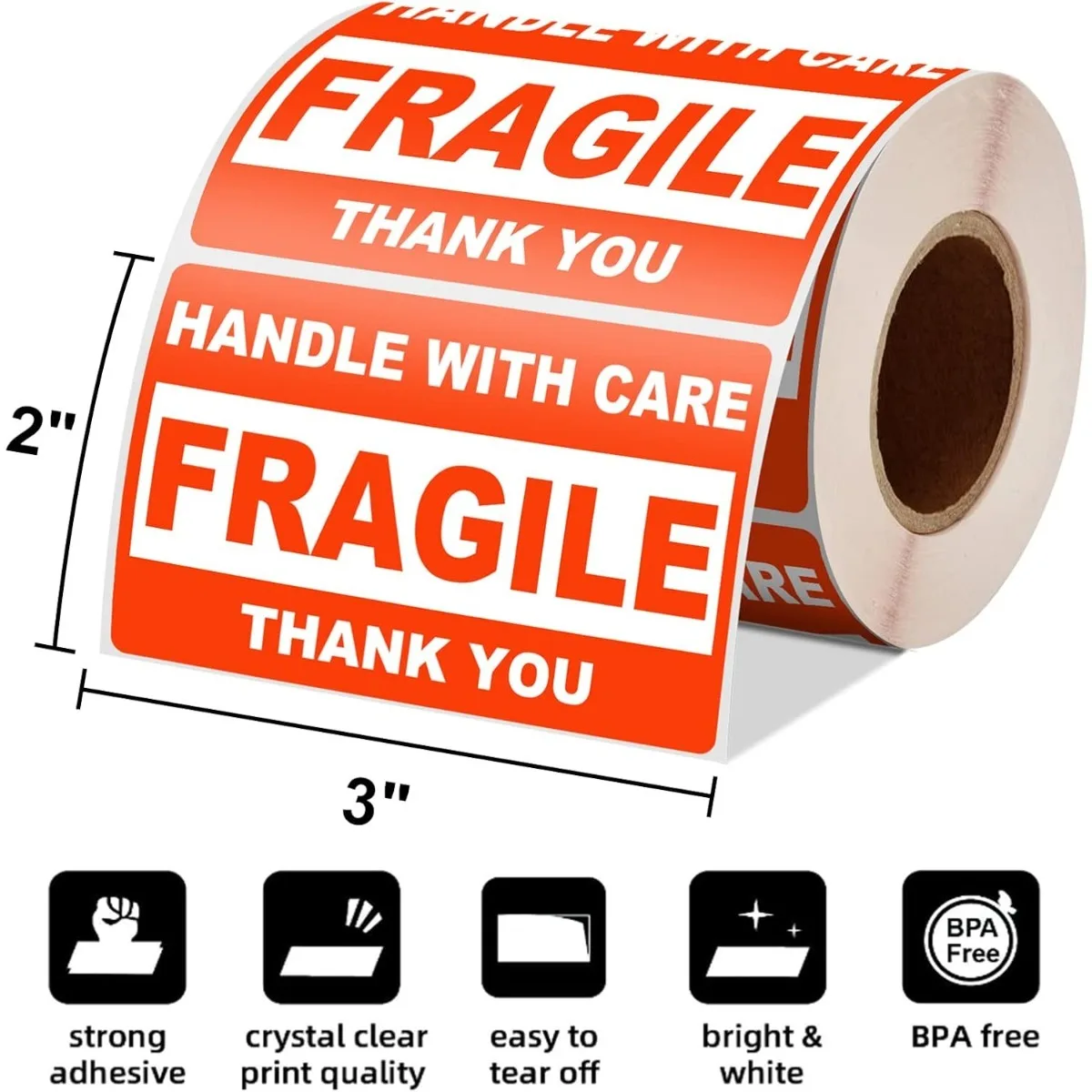 2"x 3" Fragile Stickers 500 Labels Per Roll Strong Adhesive (Handle with Care,Thank You) Labels for Shipping Moving,Do Not Bend