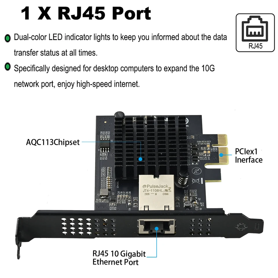 PCIe x1 to 10Gbps Single Port RJ45 Network Card AQC113 1G/2.5G/5G