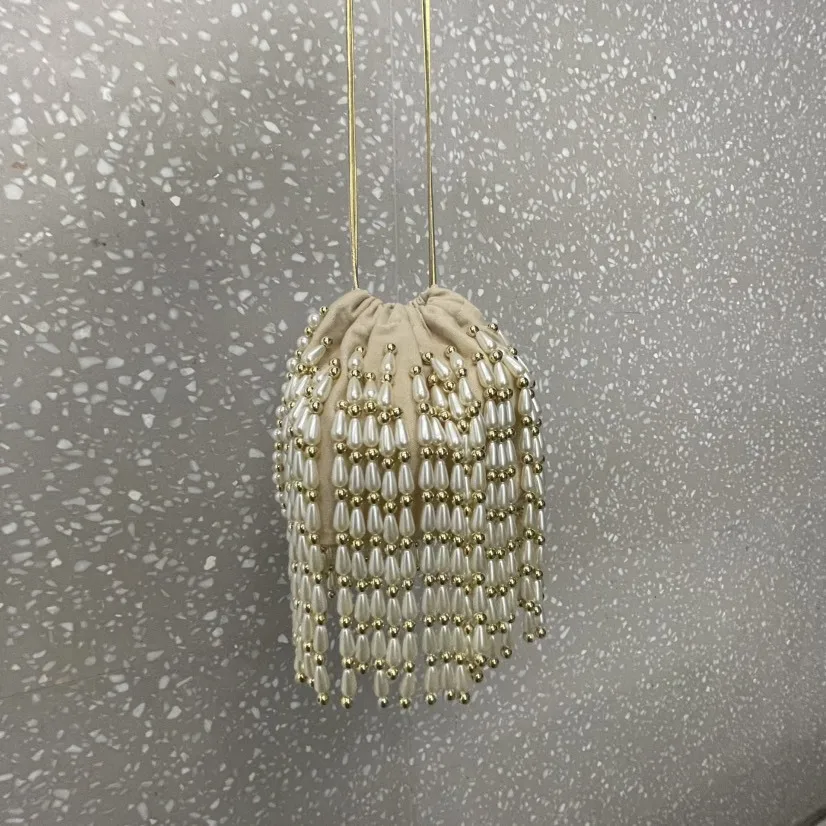2025 New Woven Beaded Women Bag Irregular Pearl Silk Satin Handbag Evening Underarm Bag Single Shoulder Bag
