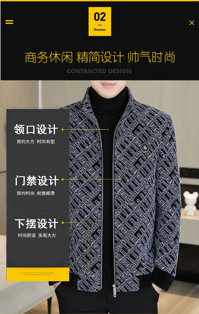 Description Picture 6 of itemBrand Winter Wool Blends Jackets Men Fashion Printed Thickened Warm Business Trench Coat Slim Stand Collar Windproof Overcoat