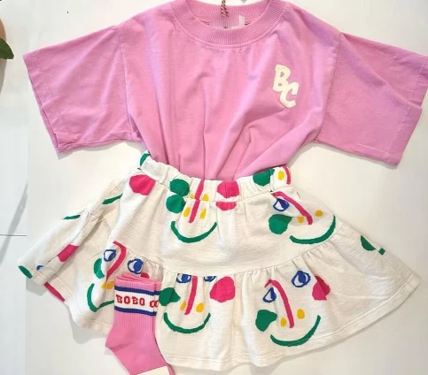 BC 24 SS Kids T Shirts and Skirts Clothing Sets for Girls Cute Print Short Sleeve Tees and Shorts Clothest Sets
