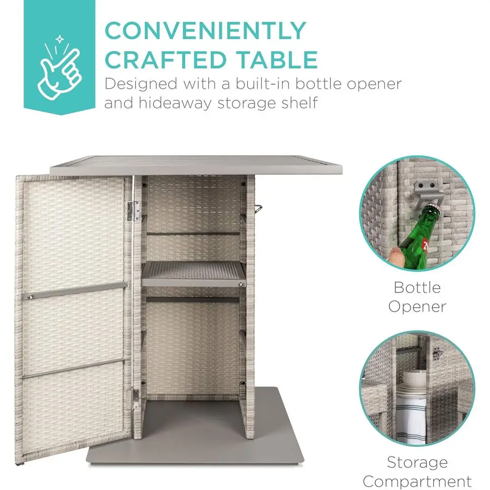 5-Piece Outdoor Wicker Bar Set – Metal Tabletop with Storage & Bottle Opener 2