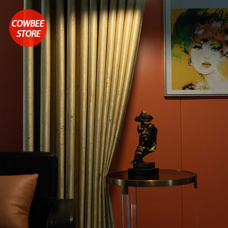 

Retro Luxury Ins Wind Full Blackout Solid Color Jacquard Curtain Villa Homestay American Style Curtains for Living Room