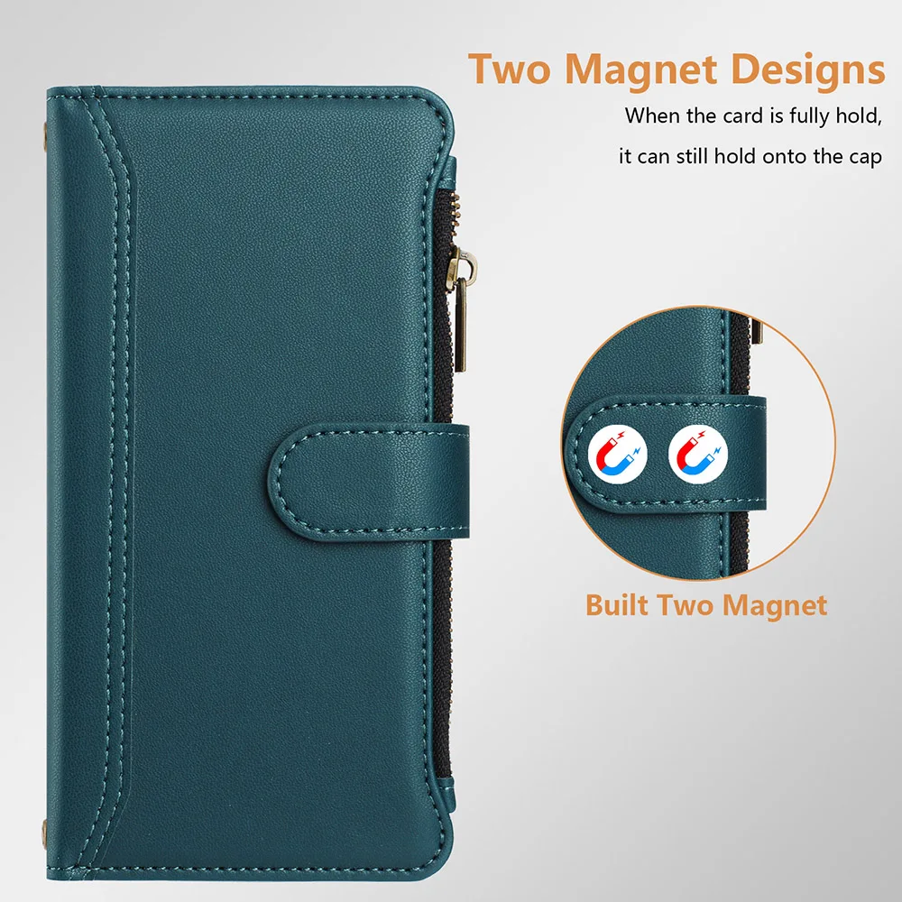 Leather Crossbody Phone Case with Card Wallet and Wrist Strap