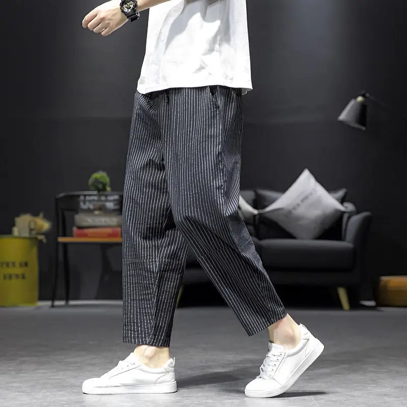 

Ninth Harem Pants Men Spring Summer Thin Fashion Striped Loose Linen Pants Casual Sport Trousers Male Streetwear Pockets Jogger