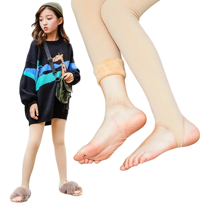 

2023 Children Girl's Winter Bare Leg Leggings Fleece Lined Thermal Thick Warm Footless Tights Stirrup Natural Skin Color 4-16 Y