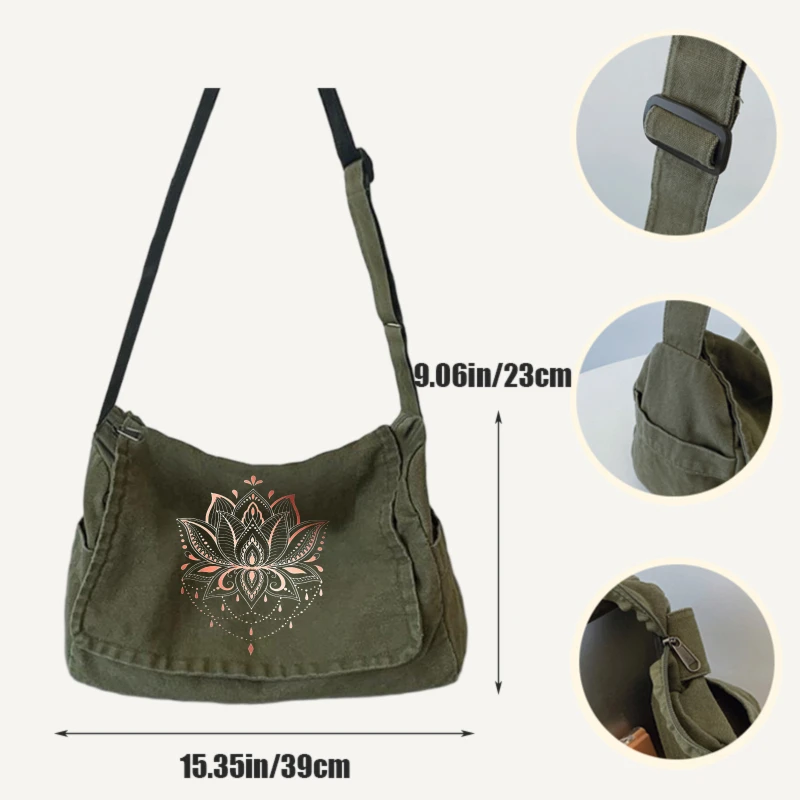 Vintage Women's Crossbody Bag Canvas Lotus Print Large Capacity Shoulder Bag for Daily Use