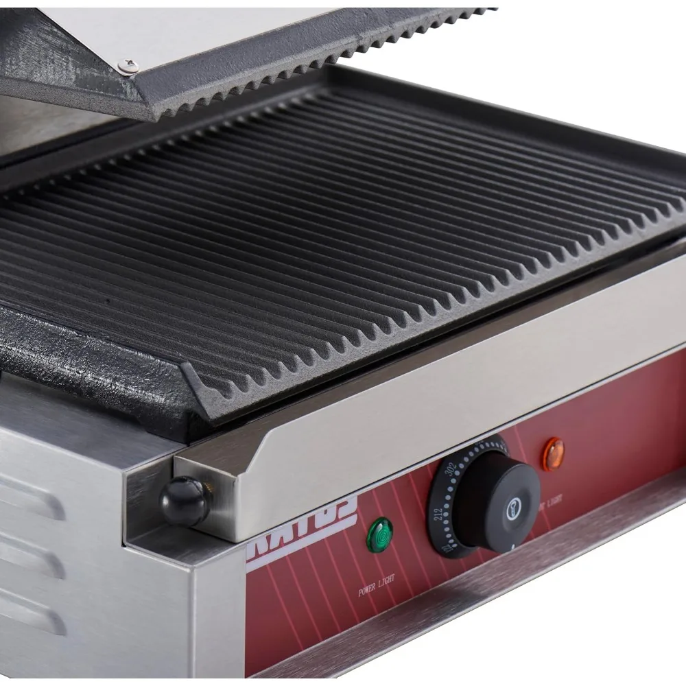 Commercial Electric Panini Sandwich Grill with Grooved Plates, 14" x 9" Cooking Surface, Commercial Countertop Panini Press,120V