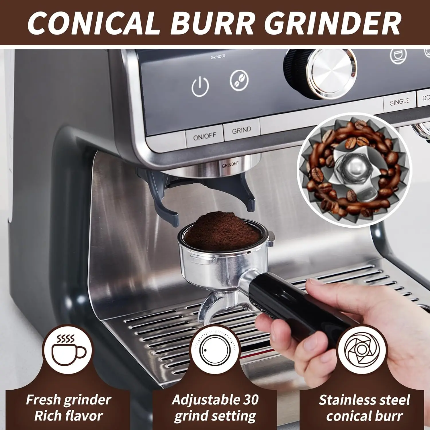 Espresso Machine with Grinder, Professional Espresso Maker with Milk Frother Steam Wand, 20 Bar Barista Cappuccino Machine,1450W 6 Espresso Machine with Grinder, Professional Espresso Maker with Milk Frother Steam Wand, 20 Bar Barista Cappuccino Machine,1450W 6
