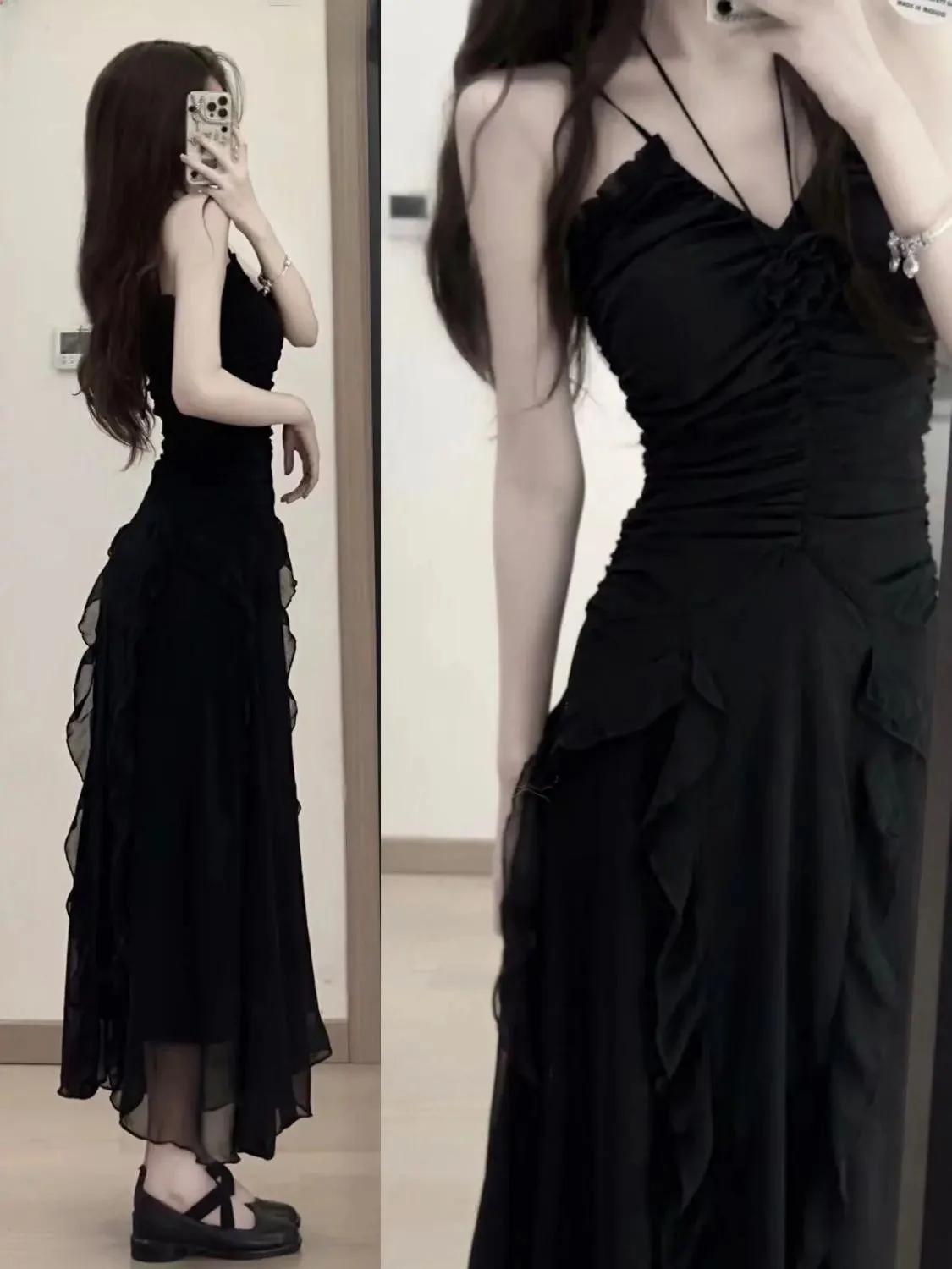 French Design Sensual Off-Shoulder Gown Spring Summer New Style Sexy High Neck Long Black Dress with Lace Trim Vintage Artistic