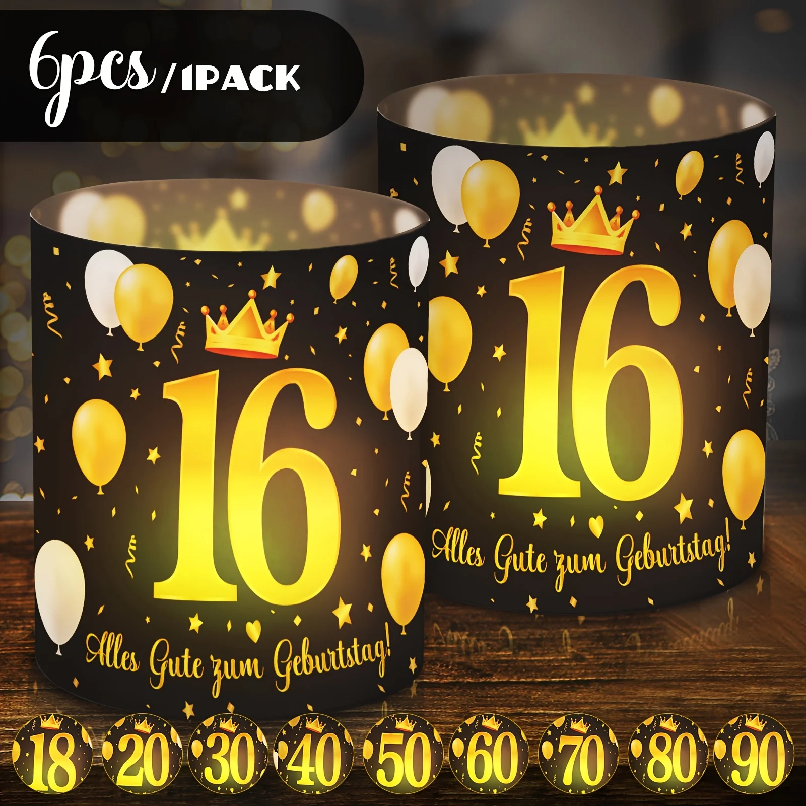 6er-Set Black Golden Crown Element Tischdeko-Lampenschirme 16.18.20.30.40.50.60.70.80.90 für Geburtstagsfeier – Detail 1