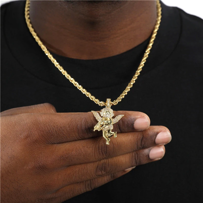 

Hip Hop Men Women Necklace Gold Color Plated Iced Out Micro Pave CZ Stone Angel Pendant Necklaces Friends Gifts