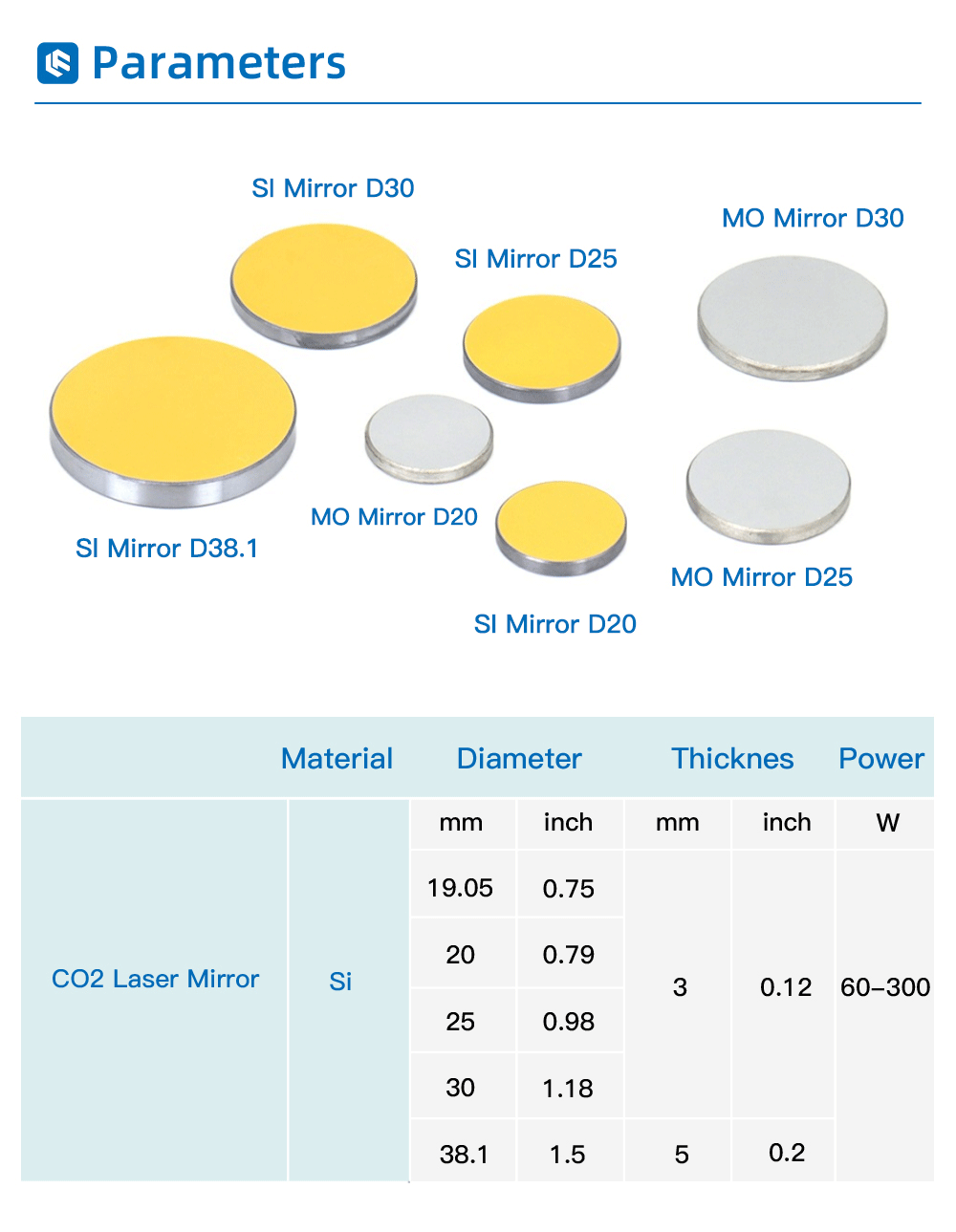 Description Picture 3 of itemFonland Co2 Laser Si reflective Mirrors for Laser Engraver Gold-Plated Silicon Reflector Lenses Dia. 19 20 25 30 38.1 mm